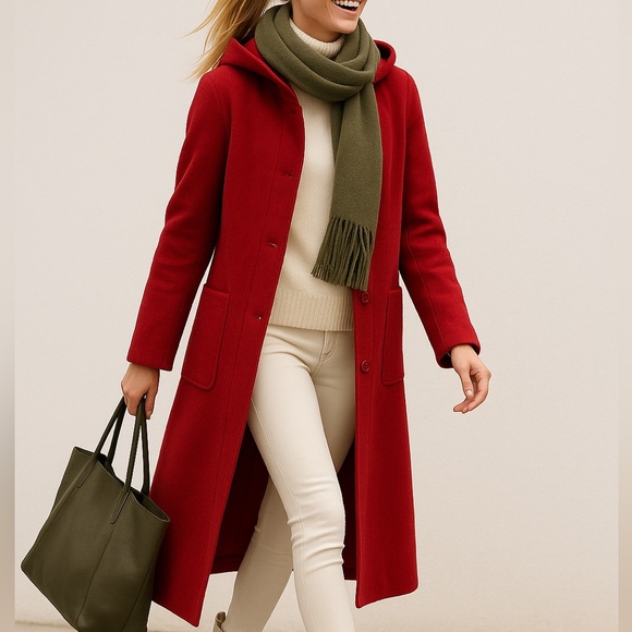Kenneth Cole Red Italian Lambswool & Cashmere Hooded Coat - Rare Find Long Coat - Picture 3 of 15